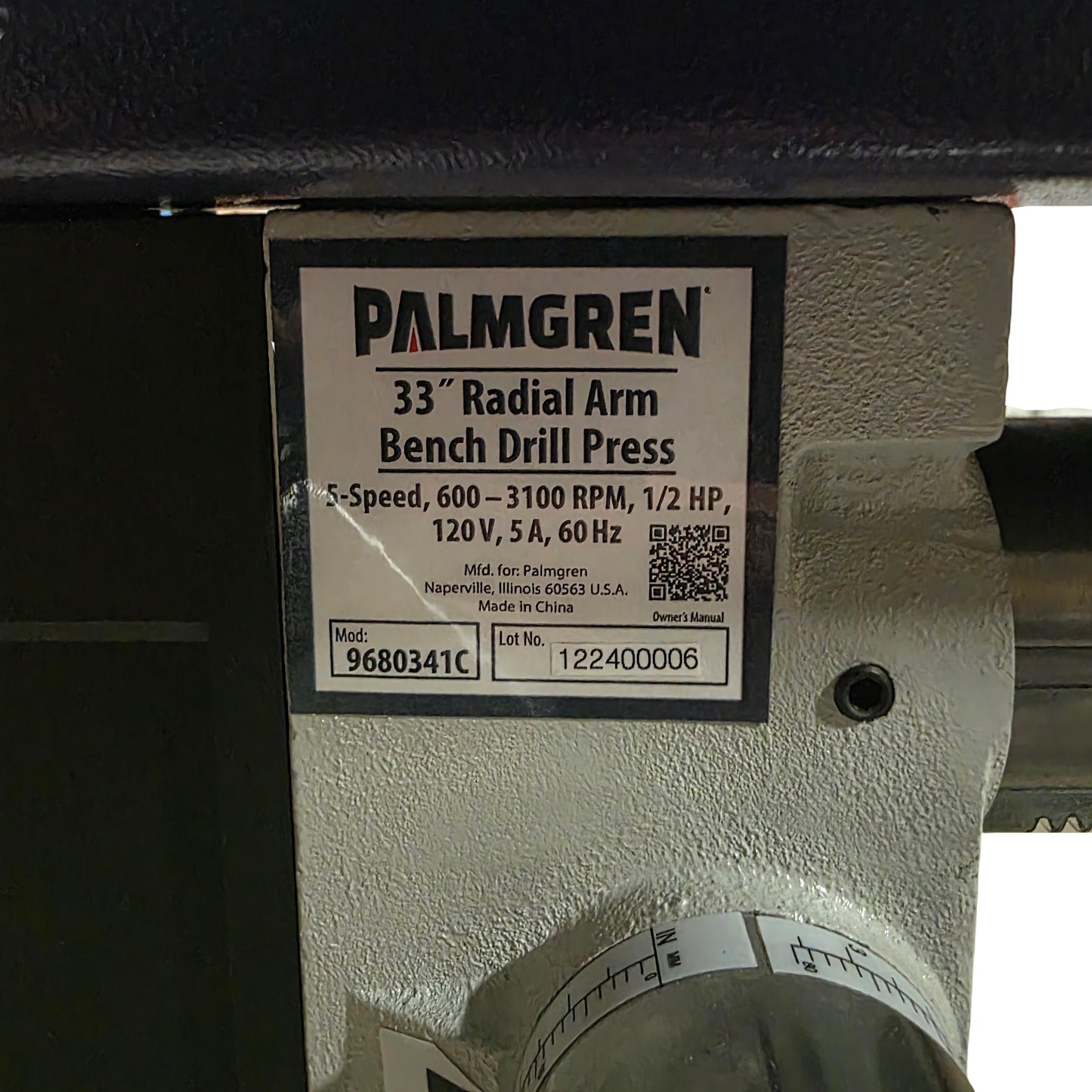 Used Palmgren 9680341 Benchtop Radial Arm Drill Press 5 Speed, 1/2HP, 5/8", 120VAC