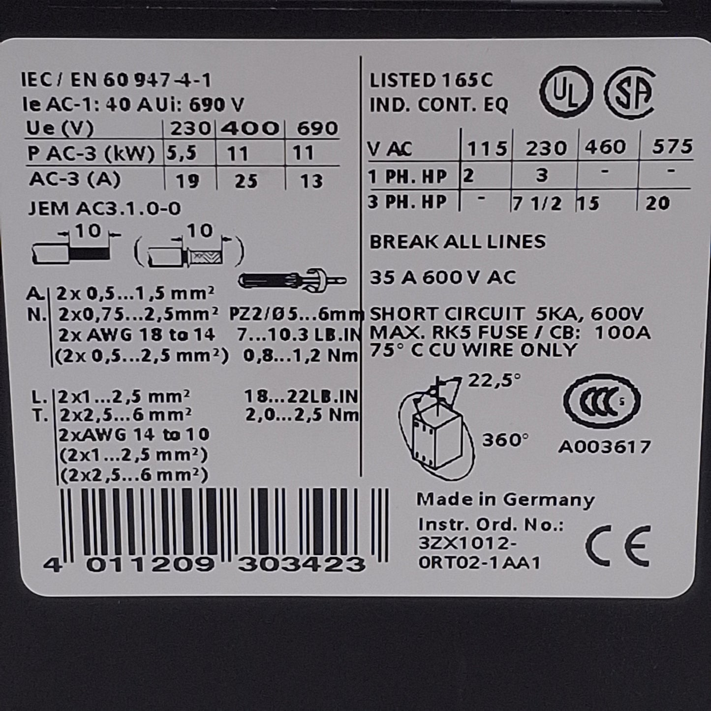 Used Siemens 3RT1026-1BB40 Contactor, 3-Pole, 25A 400VAC, 11kW, 24VDC Coil, DIN Rail