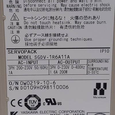 Used YASKAWA SGDV-1R6A11A SERVOPACK Servo Drive, 3PH 230VAC, 400Hz, 1.6A, 200W