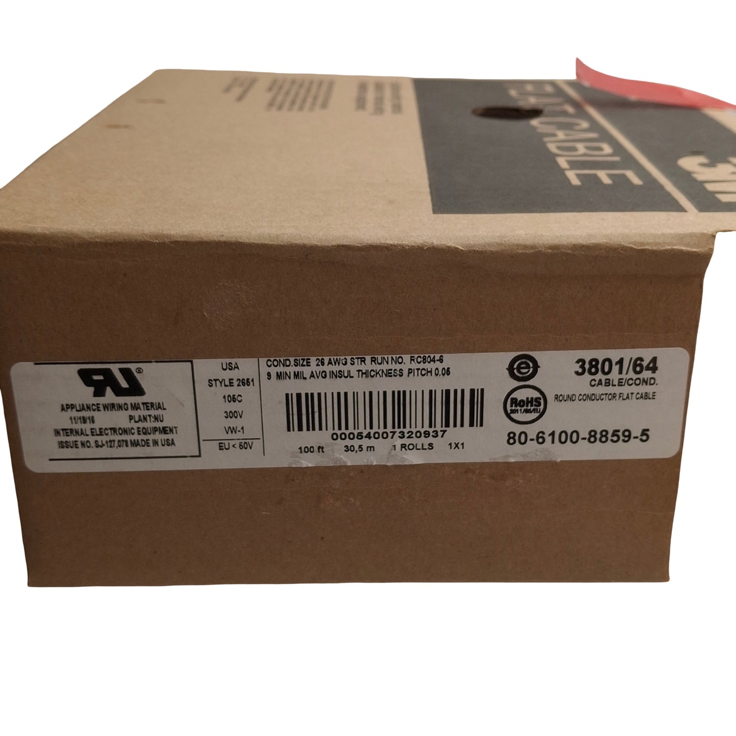 New – Open box 3M 3801/64 Spool Of Flat Ribbon Cable, 26 AWG 7-Str, 64 Conductor, 65ft Length