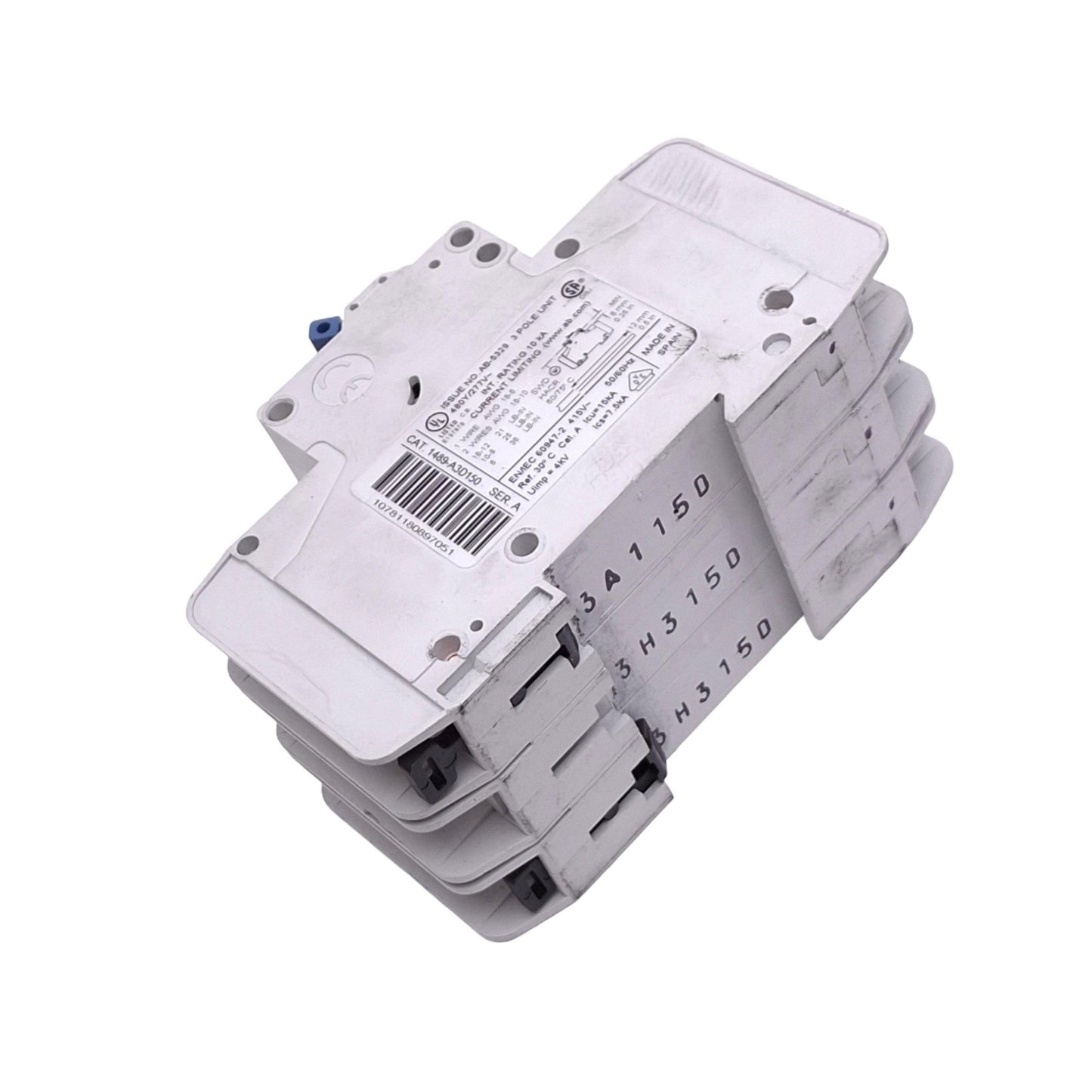 Used Allen Bradley 1489-A3D150 Circuit Breaker, 3-Pole 15A, 480Y/277VAC Max