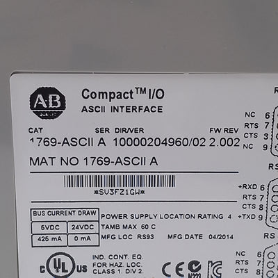 Used Allen Bradley 1769-ASCII Compact I/O Interface Module, 2-Channel, RS232/485/422