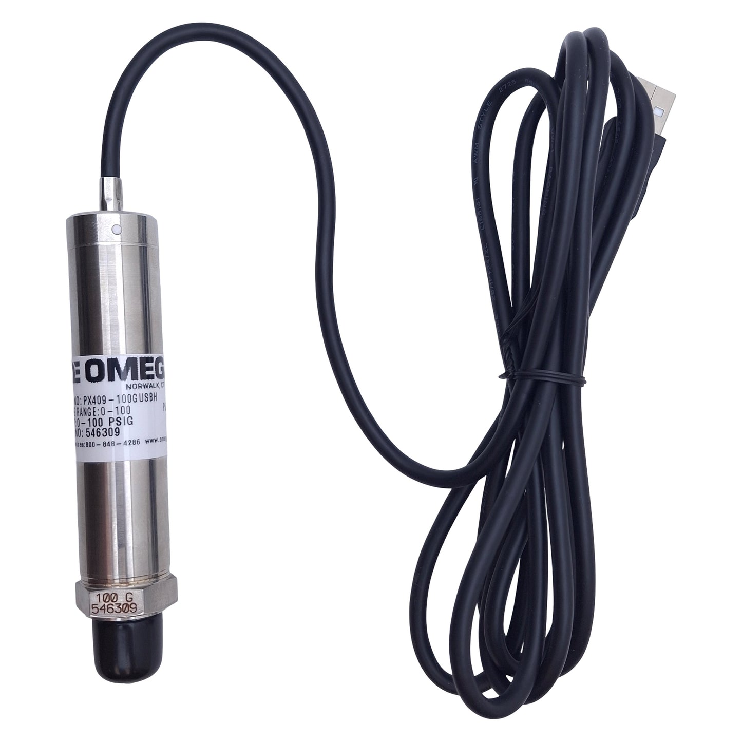 New Omega PX409-100GUSBH Pressure Transmitter 0-100psi Range, 1/4 NPT Port, USB, 2m