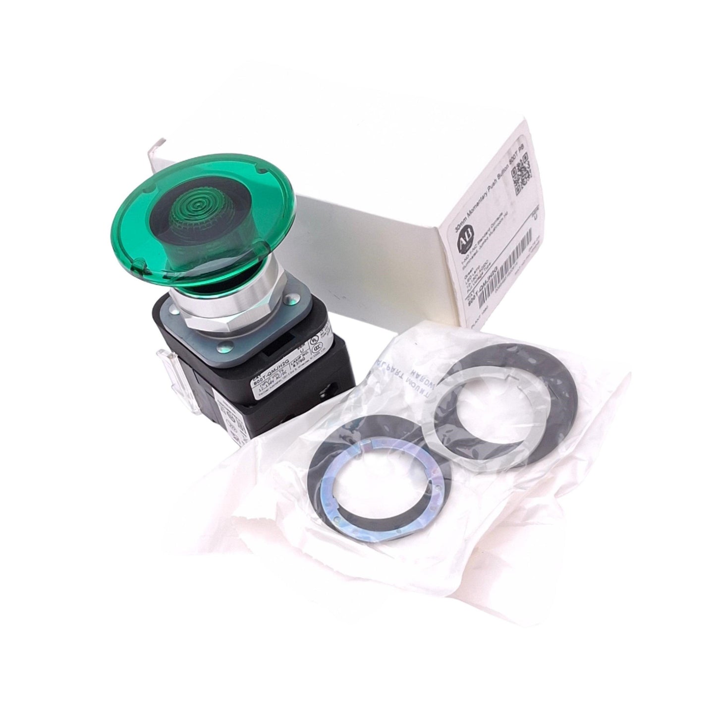 New Allen Bradley 800T-QMJH2G Illuminated Green Mushroom Pushbutton, 30mm, 1NO 1NC