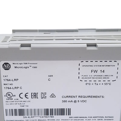 Used Allen Bradley 1764-LRP Ser C FW 14 MicroLogix 1500 Processor Unit, 5VDC