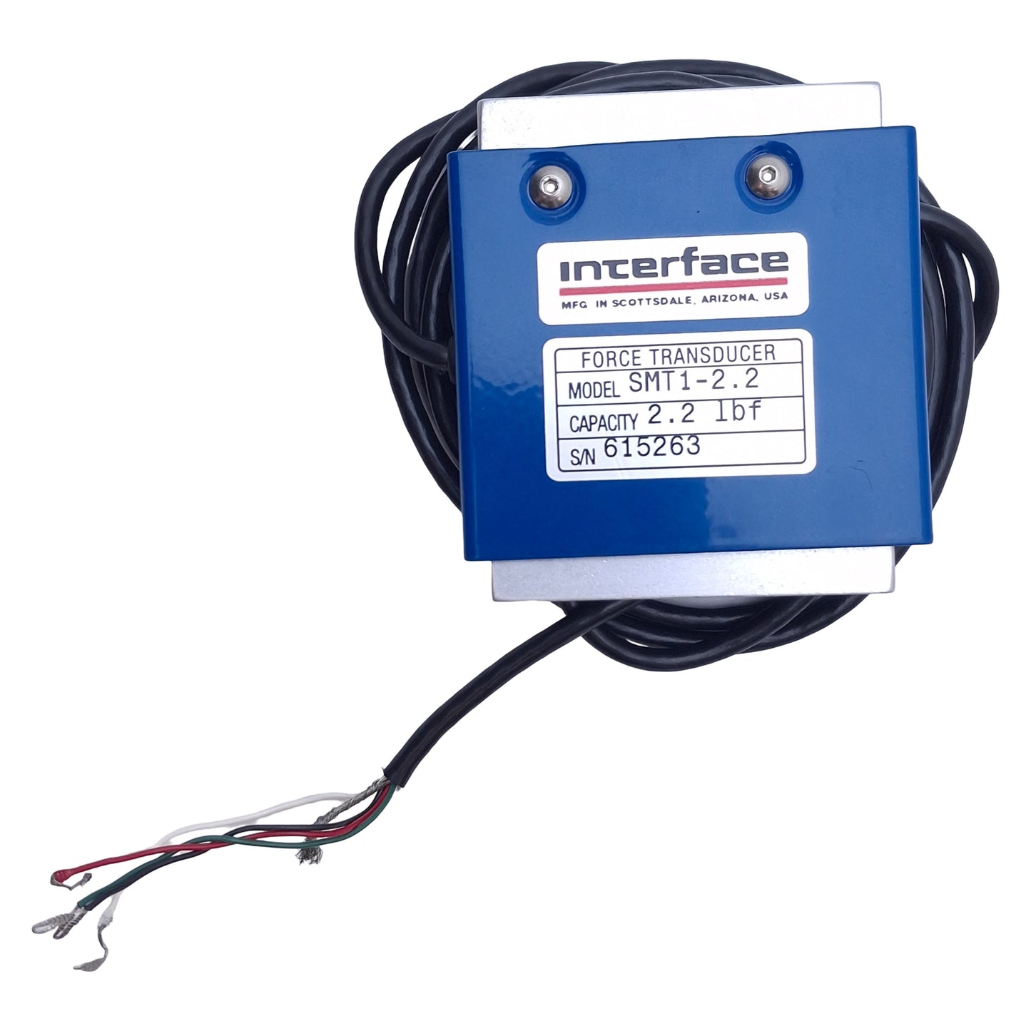 Used Interface SMT1-2.2 S-Type Load Cell, 1-2.2lbf , 15VDC, 10N Max, 2.48 x 2.28in