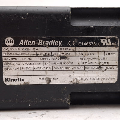 Used Allen Bradley MPL-A230P-VJ72AA Kinetix Servo Motor 0.86kW 3Ø 230VAC, 70mm Flange