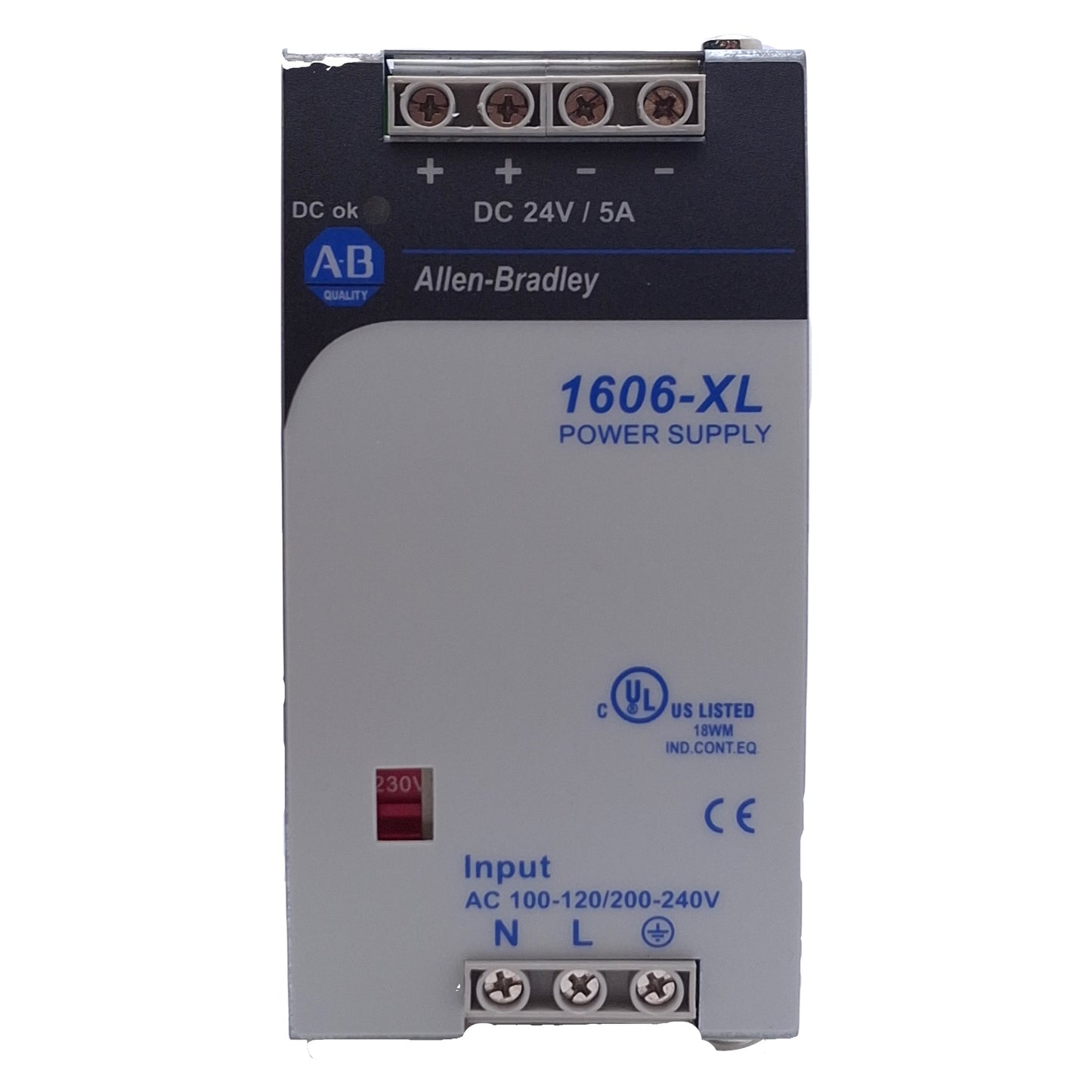 Used Allen Bradley 1606-XL120D PLC Power Supply 100-120/200-240VAC In, 24VDC Out 120W