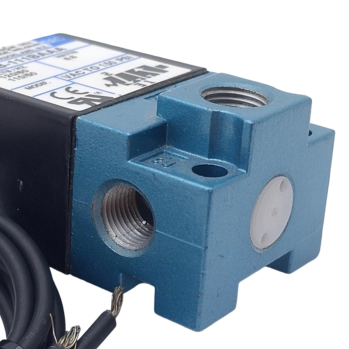 Used Mac 111B-111BAAA Solenoid Valve 3/2 NO-NC, 1/8" NPT, Vac-150psi, 110/120VAC Coil