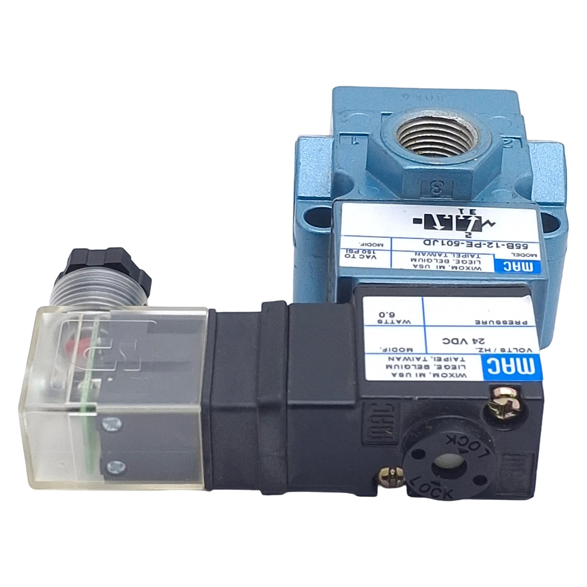 Used Mac 55B-12-PE-501JD Solenoid Valve, 3/2 NO-NC, 3/8in NPT, 150psi, 24VDC Coil