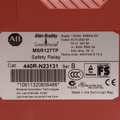 Used Allen Bradley MSR127TP 440R-N23131 Monitoring Safety Relay, 3NO+1NC Aux, 115VAC