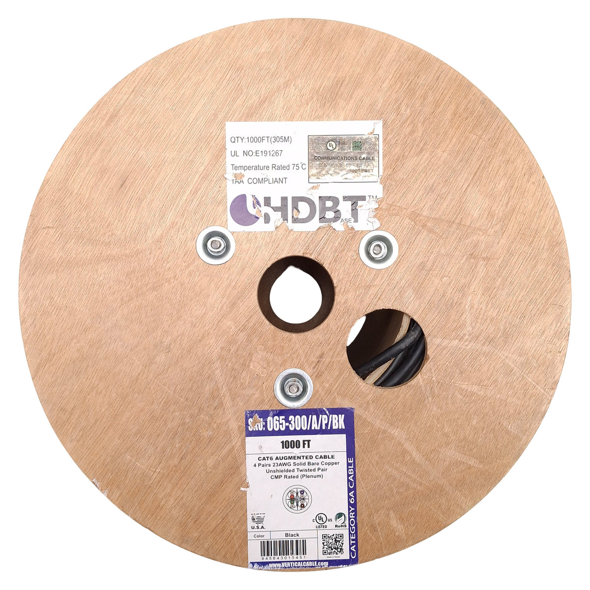 New Vertical Cable 065-300/A/P/BK Augmented Cable, CAT6A 10Gb, 4-Pair, Black, 1000ft