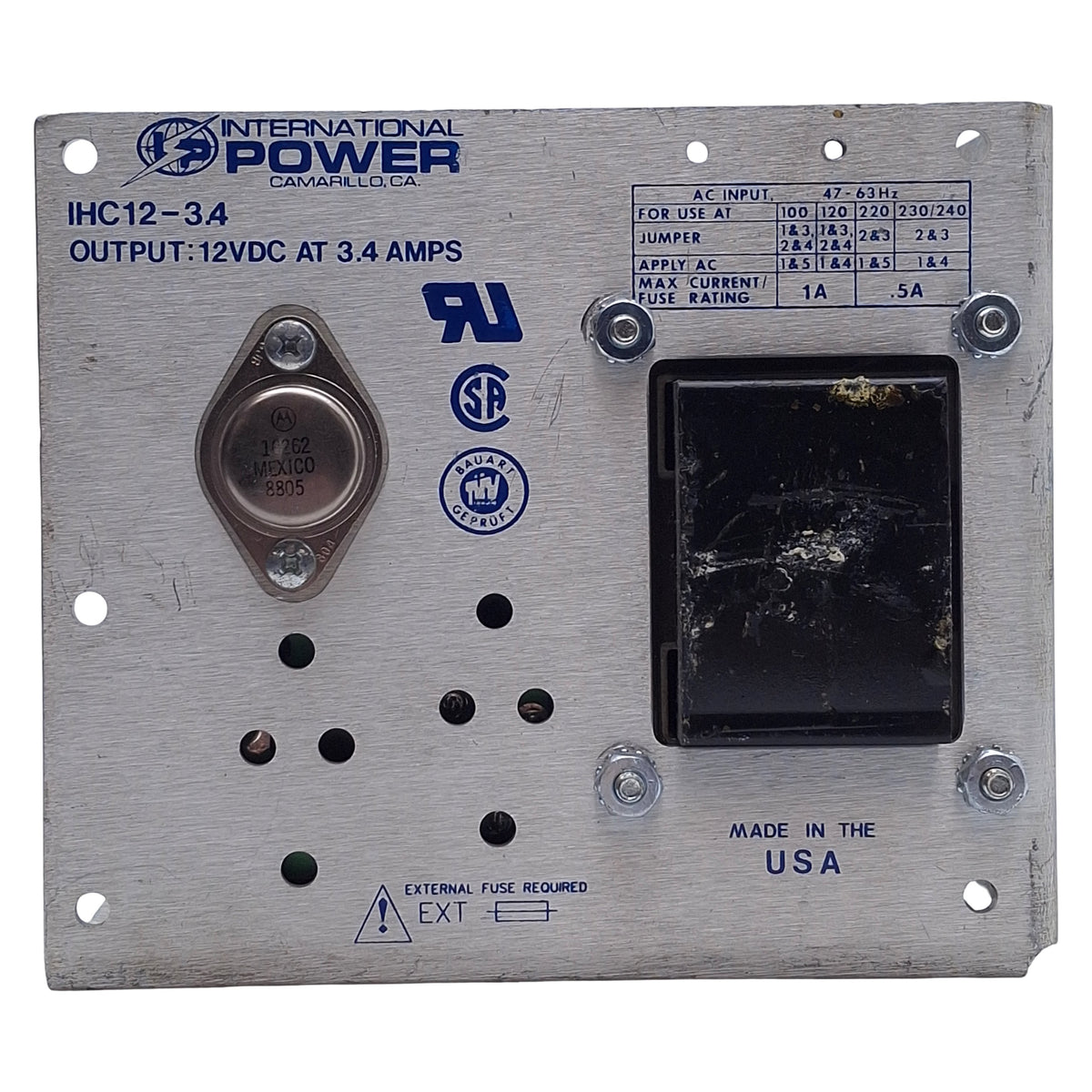 Used International Power IHC12-3.4 DC Linear Power Supply 100-240VAC In, 12VDC Out