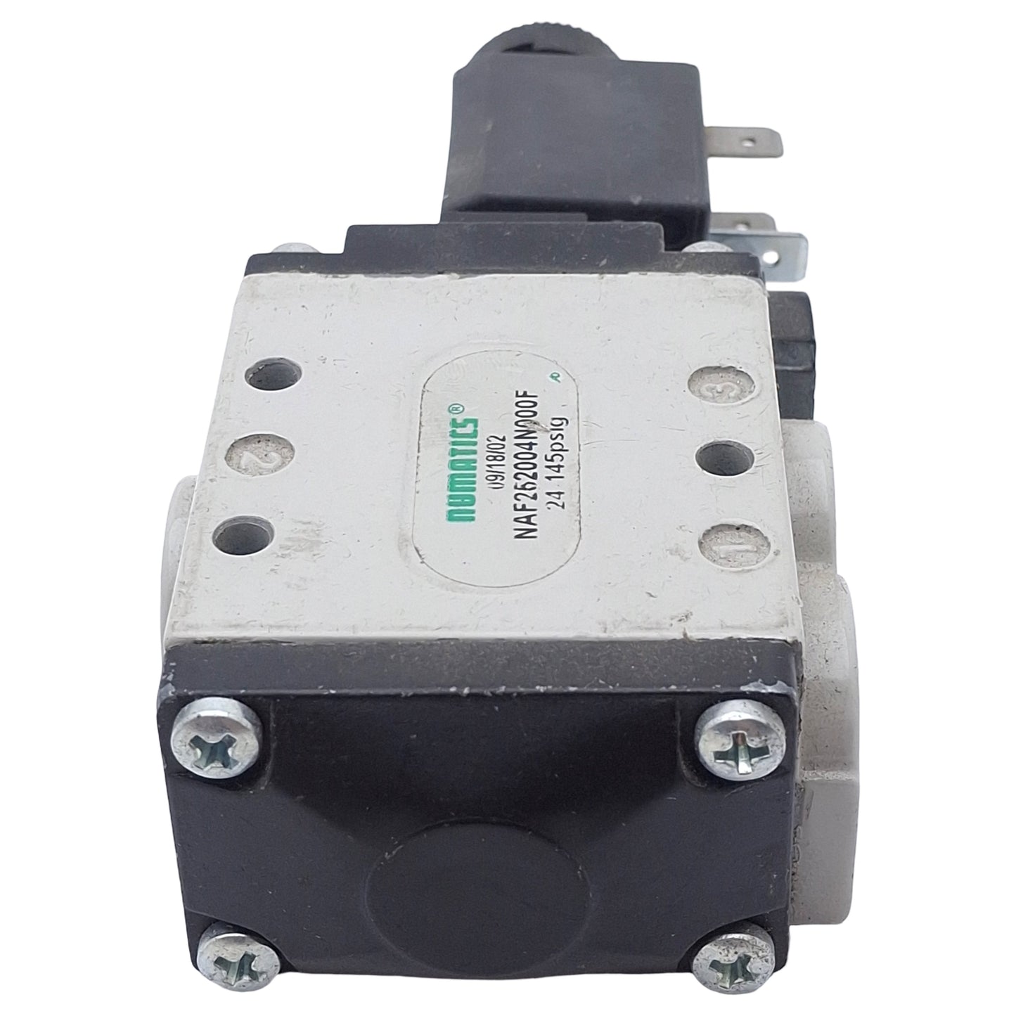 Used Numatics NAF252004N000F Solenoid Valve, 3/2-Way 3/8in NPT, 24-145psi, 24VDC Coil