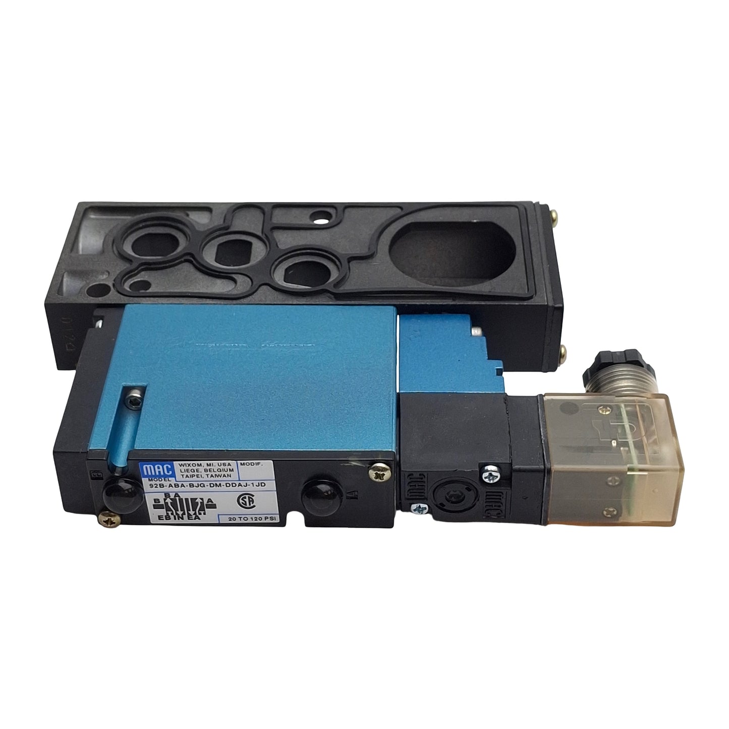 New – Open box Mac Valves 92B-ABA-BJG-DM-DDAJ-1JD Solenoid Valve, 5/2Way, 20-120Psi, 24VDC Coil