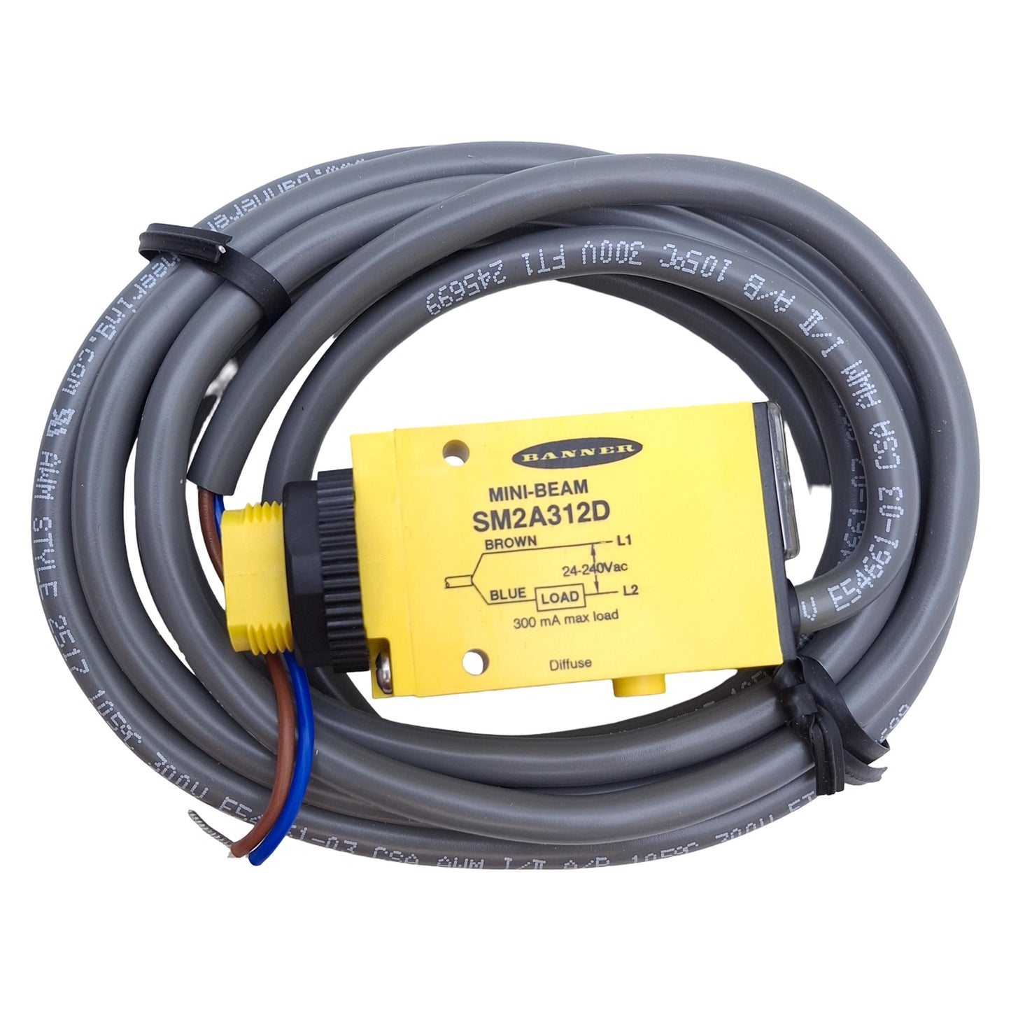 New Banner SM2A312D Diffuse Beam Proximity Sensor 380mm Range, 24-240VAC, 2m Cable