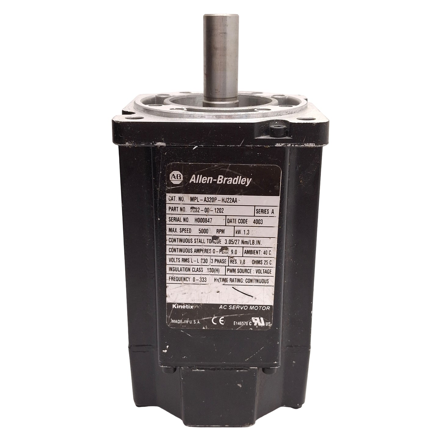 Used Allen Bradley MPL-A320P-HJ22AA Servo Motor, 1.3kW 230VAC, 2000 lines/rev, ø100mm