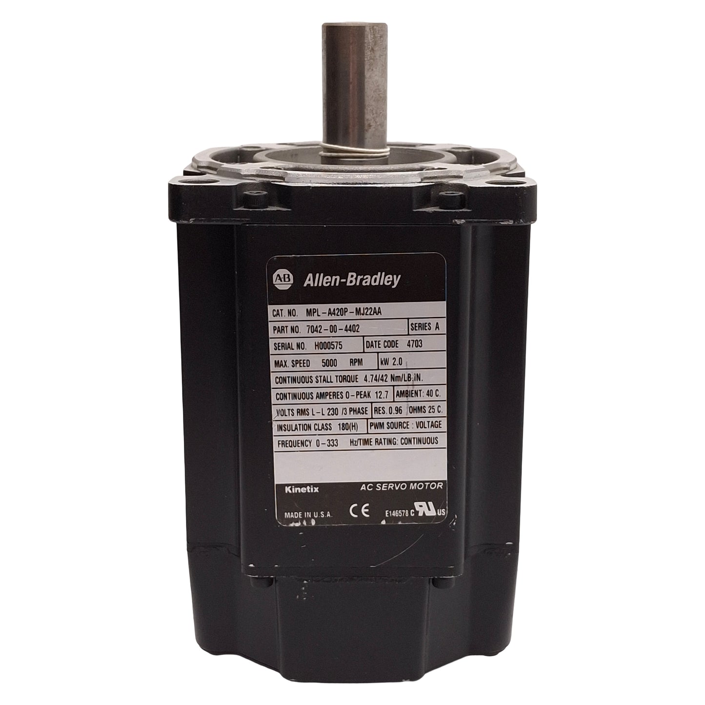 New Allen Bradley MPL-A420P-MJ22AA Servo Motor, 2.0kW 3Ø 230VAC, 1024sin/cos, ø115mm