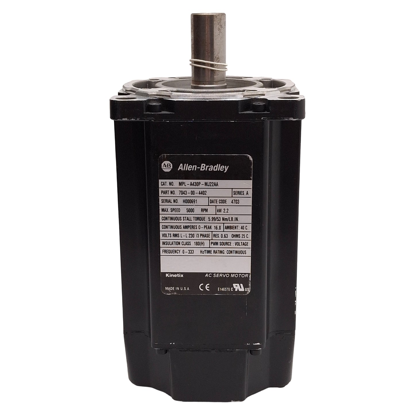 New Allen Bradley MPL-A430P-MJ22AA Servo Motor, 2.2kW 3Ø 230VAC, 1024sin/cos, ø115mm