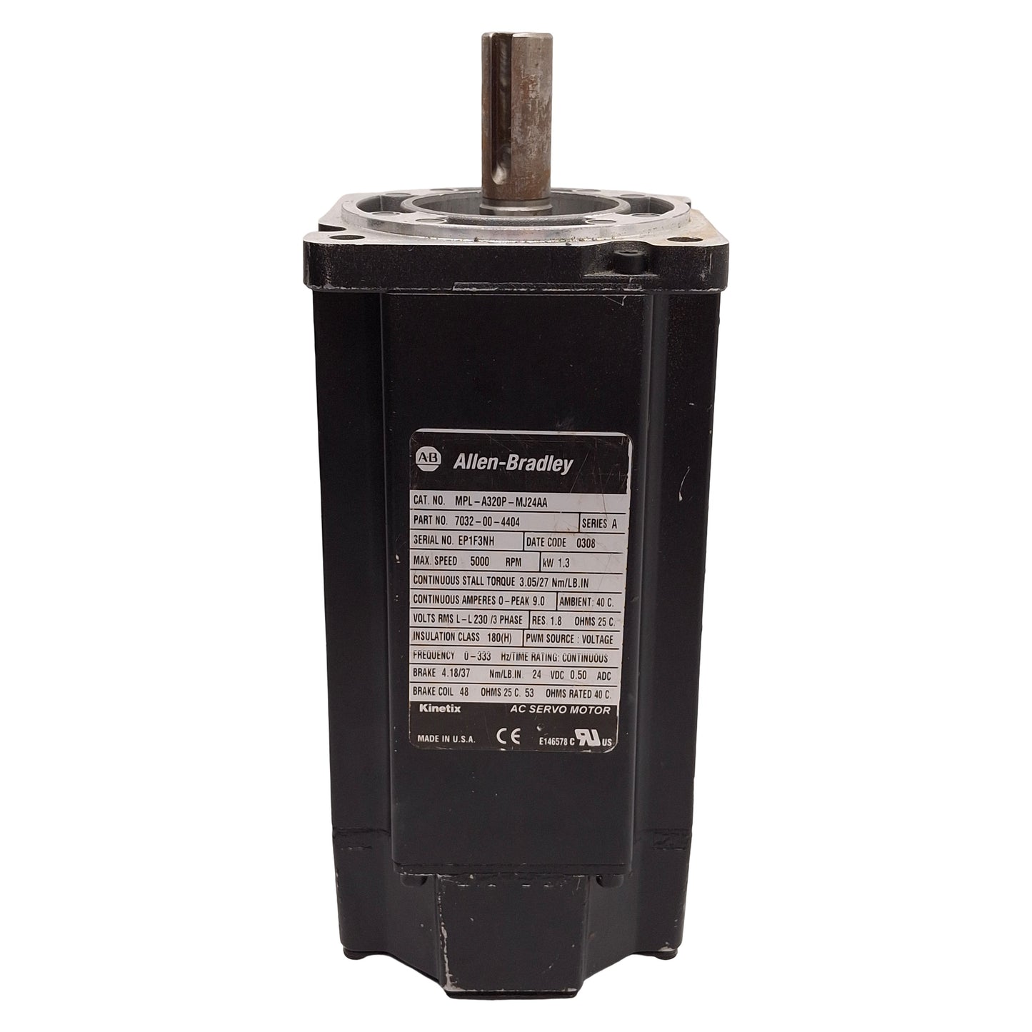 Used Allen Bradley MPL-A320P-MJ24AA Servo Motor, 1.3kW 230VAC 1024sin/cos 24VDC Brake