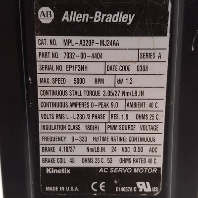 Used Allen Bradley MPL-A320P-MJ24AA Servo Motor, 1.3kW 230VAC 1024sin/cos 24VDC Brake