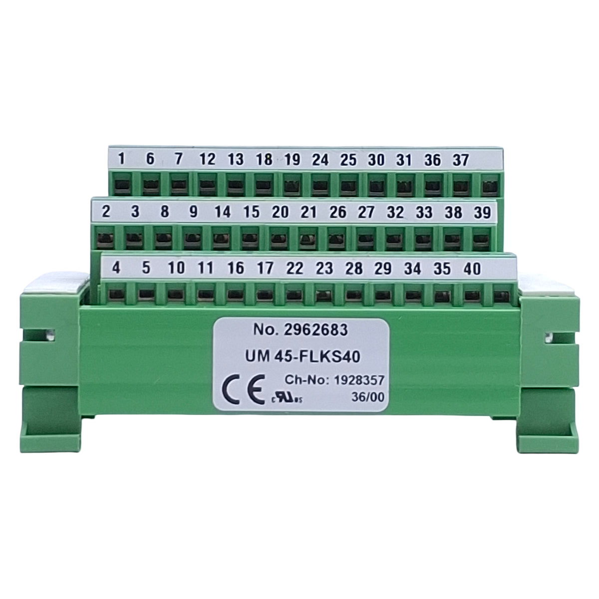 Used Phoenix Contact UM 45-FLKS40 Termination Board IDC/FLK Pin Strip, DIN Rail
