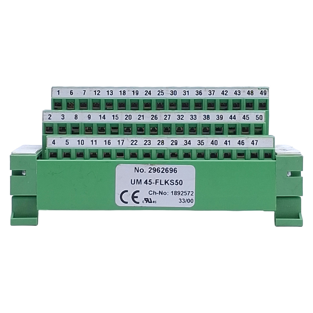 Used Phoenix Contact UM 45-FLKS50 Termination Board IDC/FLK Pin Strip, DIN Rail