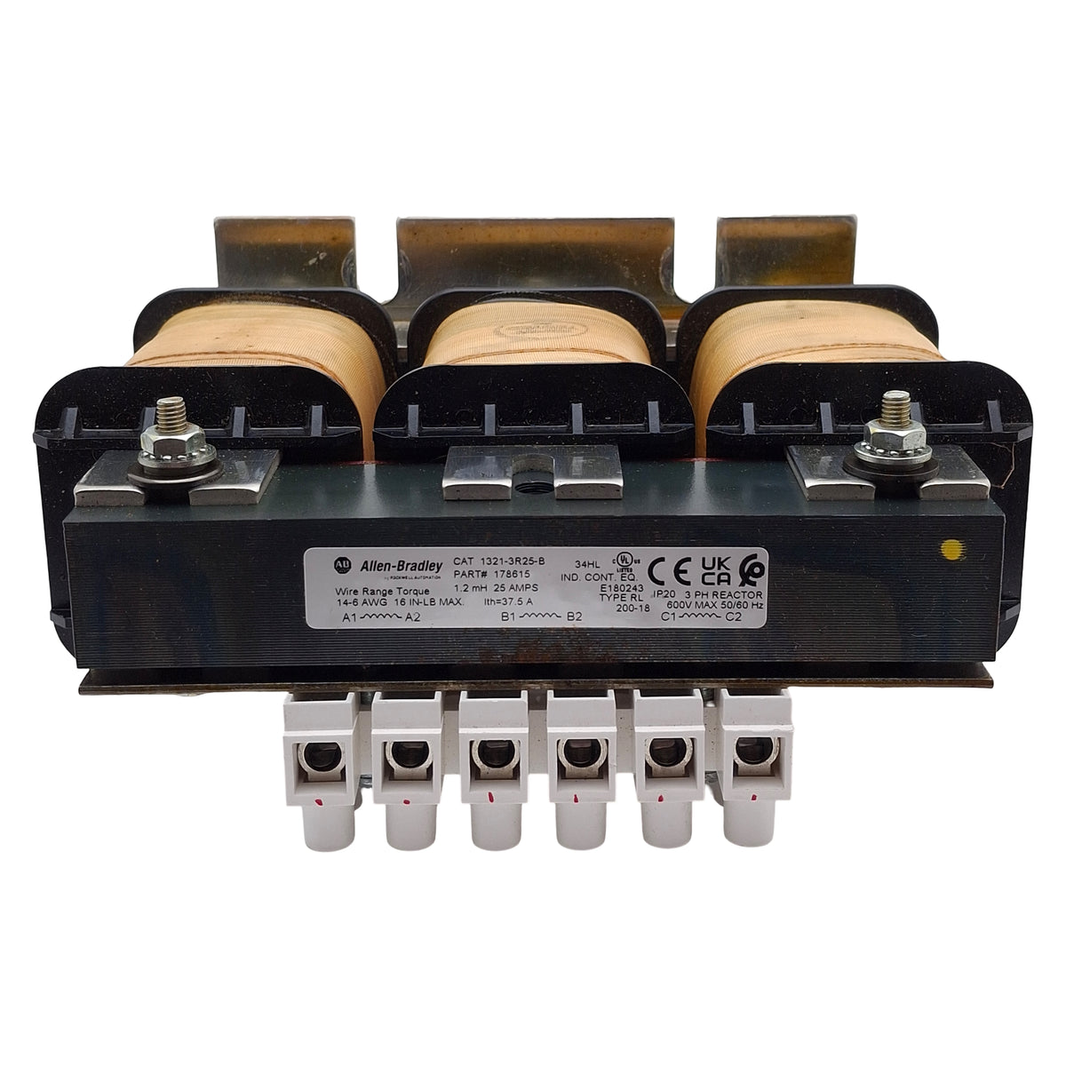 Used Allen Bradley 1321-3R25-B Line Reactor, 600VAC 3-Phase, 25A 1.2mH, 3% Impedance