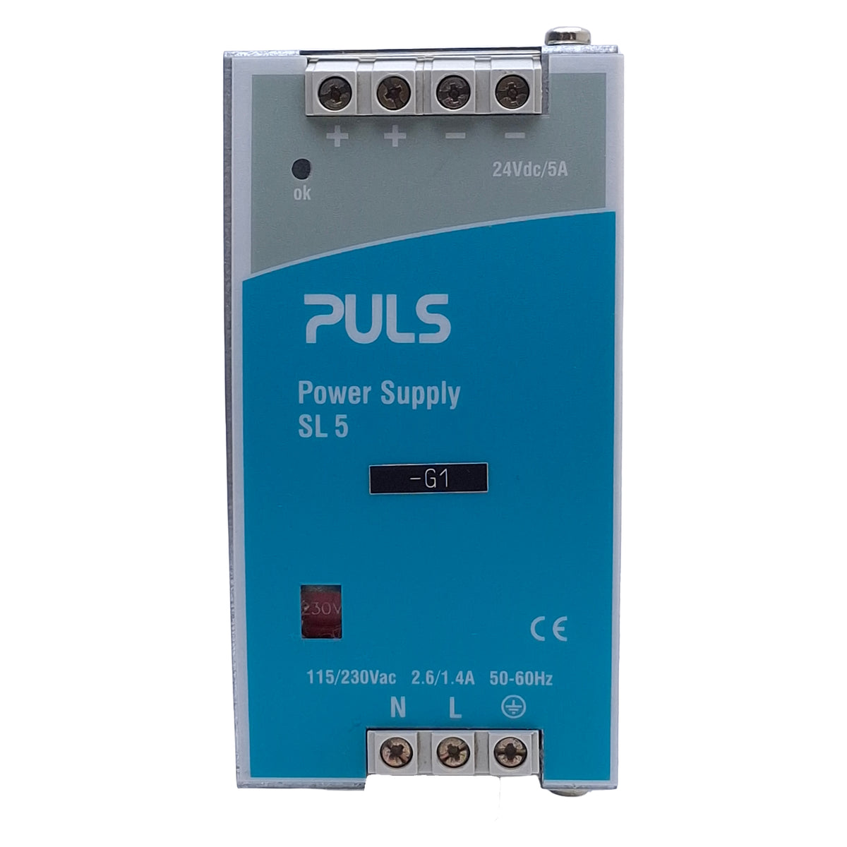 Used PULS SL5.100 Power Supply 115/230VAC 1.4-2.6A Input, 24VDC 5A Output, DIN Rail