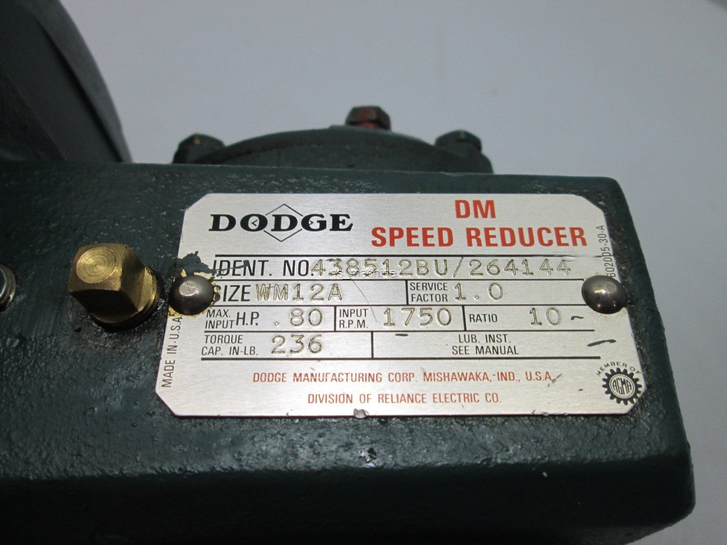 Used Dodge Speed Reducer 438512BU/264144 1750RPM, Ratio 10:1, .80HP, Torque 236 in-lb