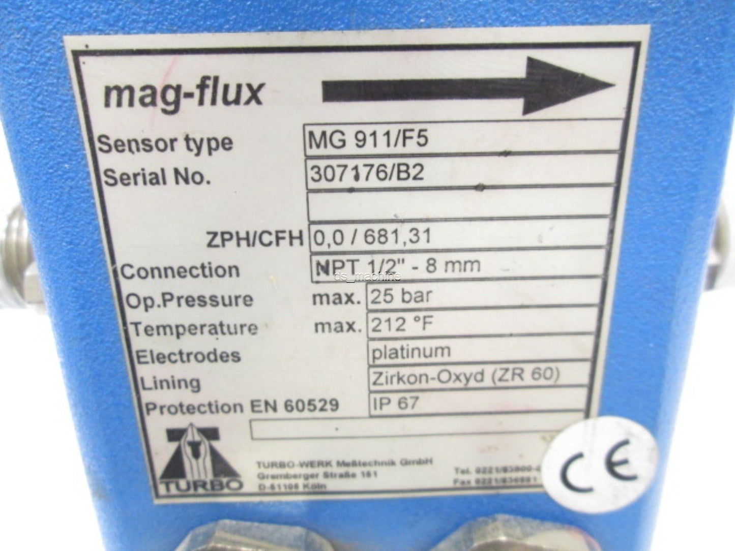 Used Turbo MG 911/F5 Mag-flux Flow Sensor, 1/2"NPT, 25 bar (362.6 PSI)