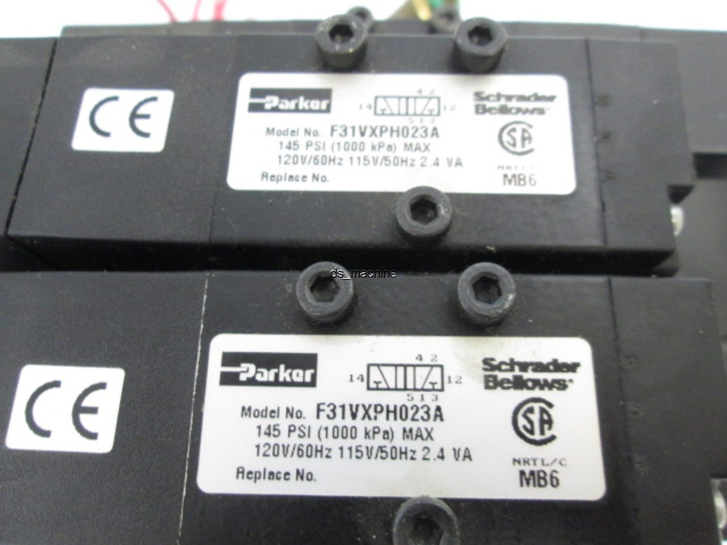 Used Parker F31VXPH023A Bank of 3 Pneumatic Solenoid Valves, 120V, 5 Port, 145 PSI