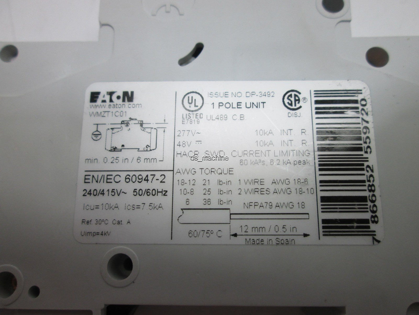 Used Eaton WMZT1C01 1-Pole Circuit Breaker 1A, 277V