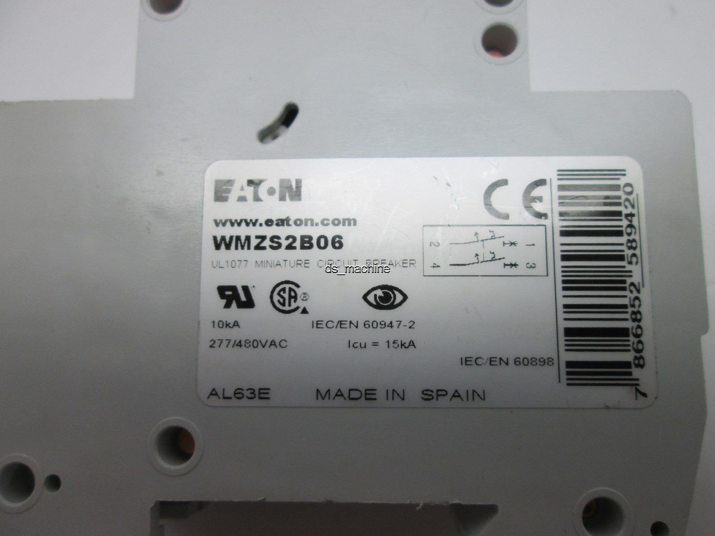 Used Eaton WMZS2B06 Thermal Magnetic Circuit Breaker, B-Curve, 2-Pole, 6A, 277/480VAC
