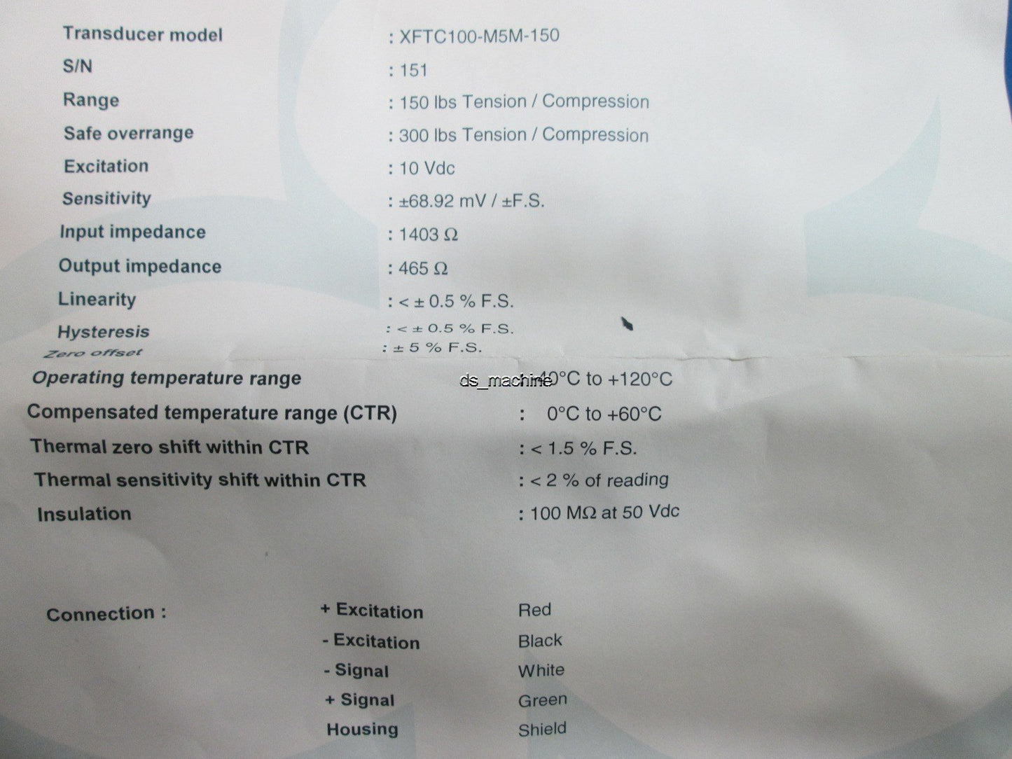 Used GS Sensors XFTC100-M5M-150 Force Transducer, 150lbs Tension, 10VDC