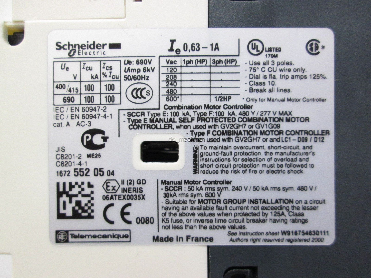 Used Schneider Electric GV2-P05/0.63-1A Manual Motor Starter 480VAC 3 Pole 0.63-1A