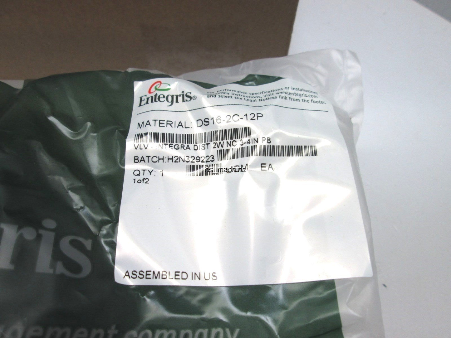 New Entegris DS16-2C-12P Pneumatically Operated Diaphragm Valve, 3/4" Purebond