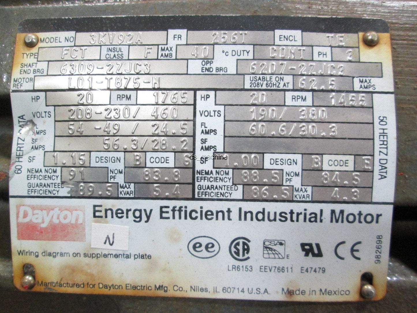 Used Dayton 3KV92A Electric Motor 20HP 91% Efficiency 208-230/480VAC 54-49/24.5A 3PH