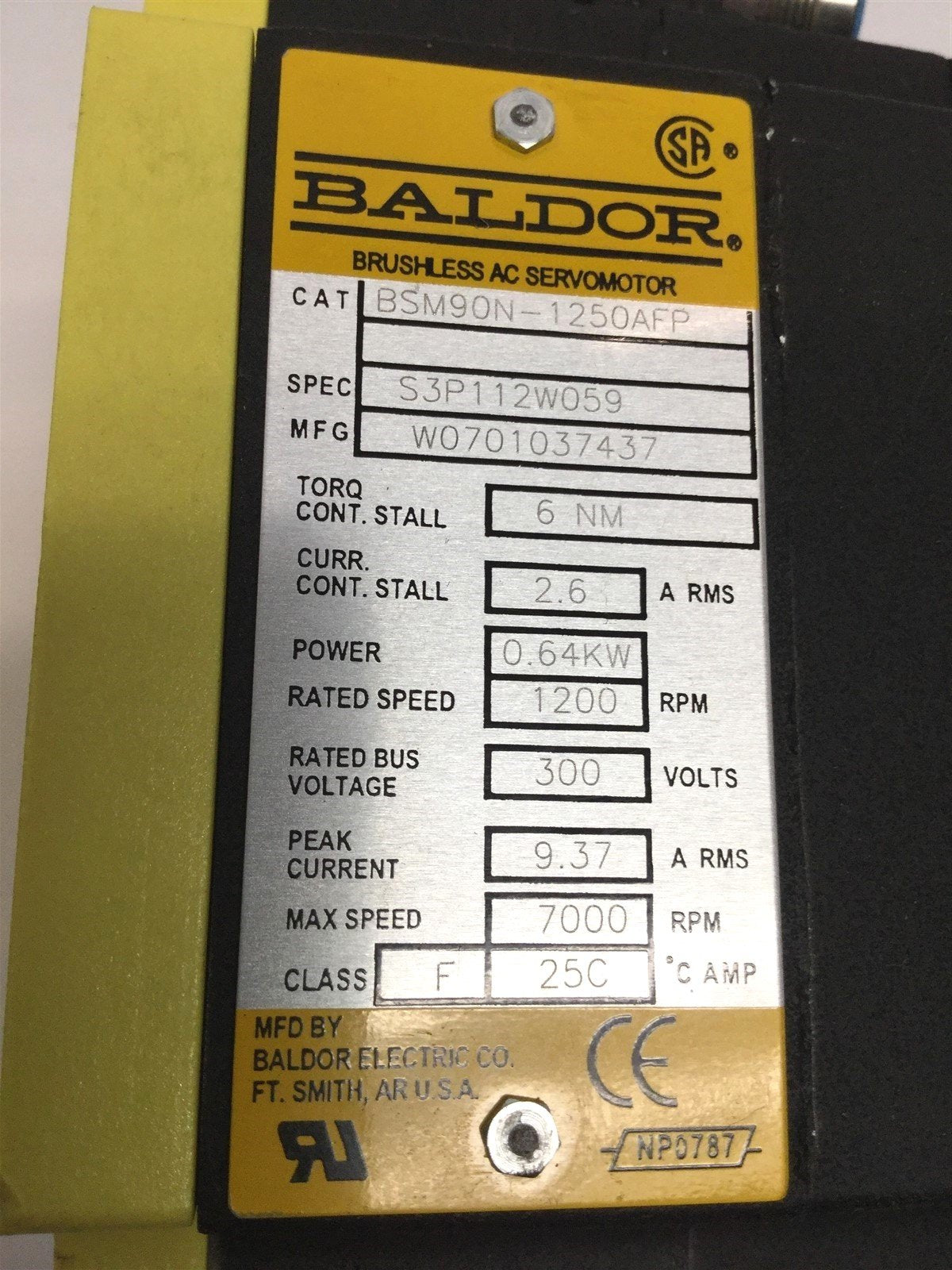 Used Baldor BSM90N-1250AFP Brushless Servo Motor 300VAC 0.64KW 1200RPM IEC-90