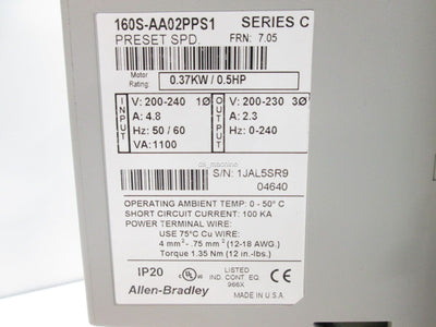 Used Allen Bradley 160S-AA02PPS1 Input 200-240V Output 2.3A Motor RTG: 37KW/0.5Hp