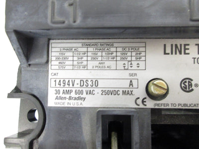 Used Allen Bradley 1494V-DS30 Line Terminal Guard, 30 Amp, 600VAC - 250VDC Max