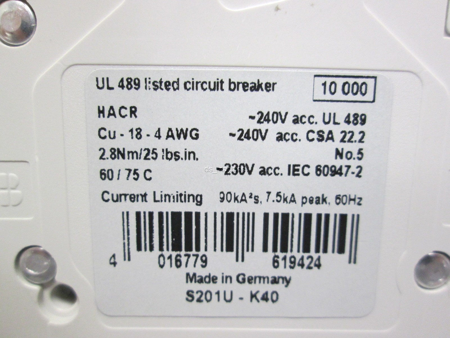 New ABB S201U-K40 Single Pole Circuit Breaker 240VAC 40A DIN Mountable