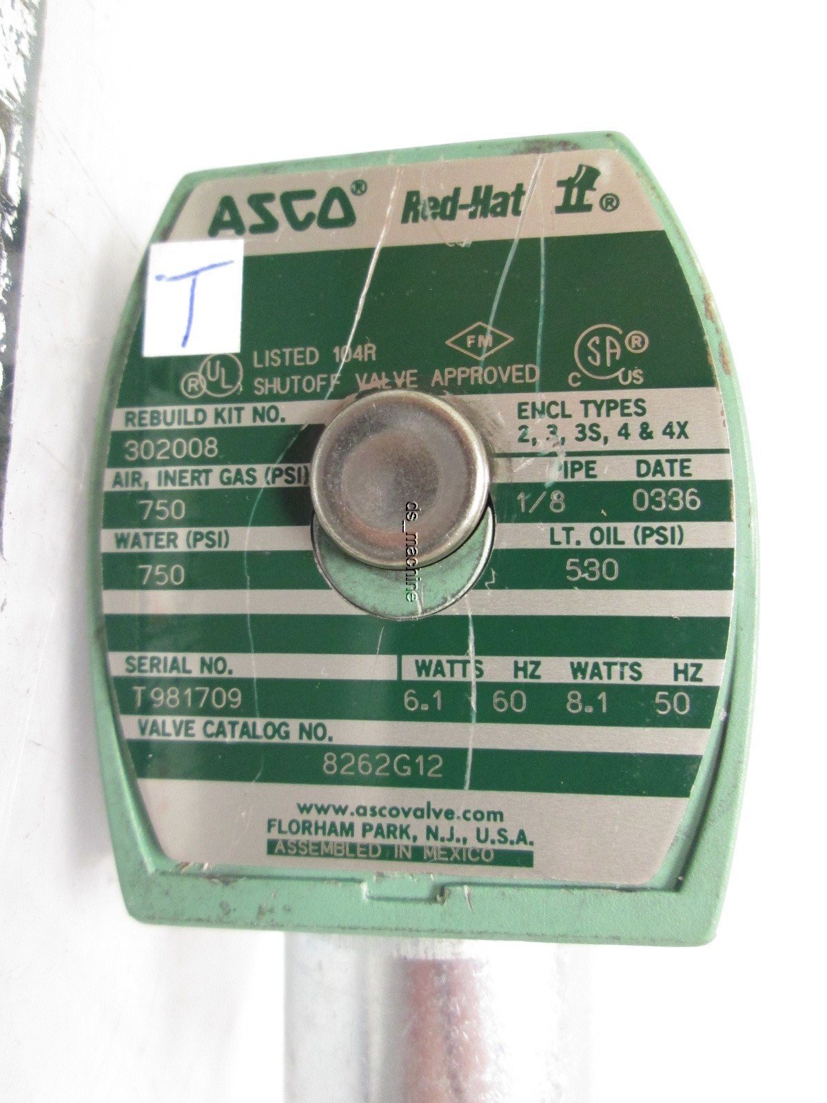 Used ASCO 8262G12 Red Hat Solenoid Valve 120VAC 6.1W 1/8" NPT 750PSI AIR