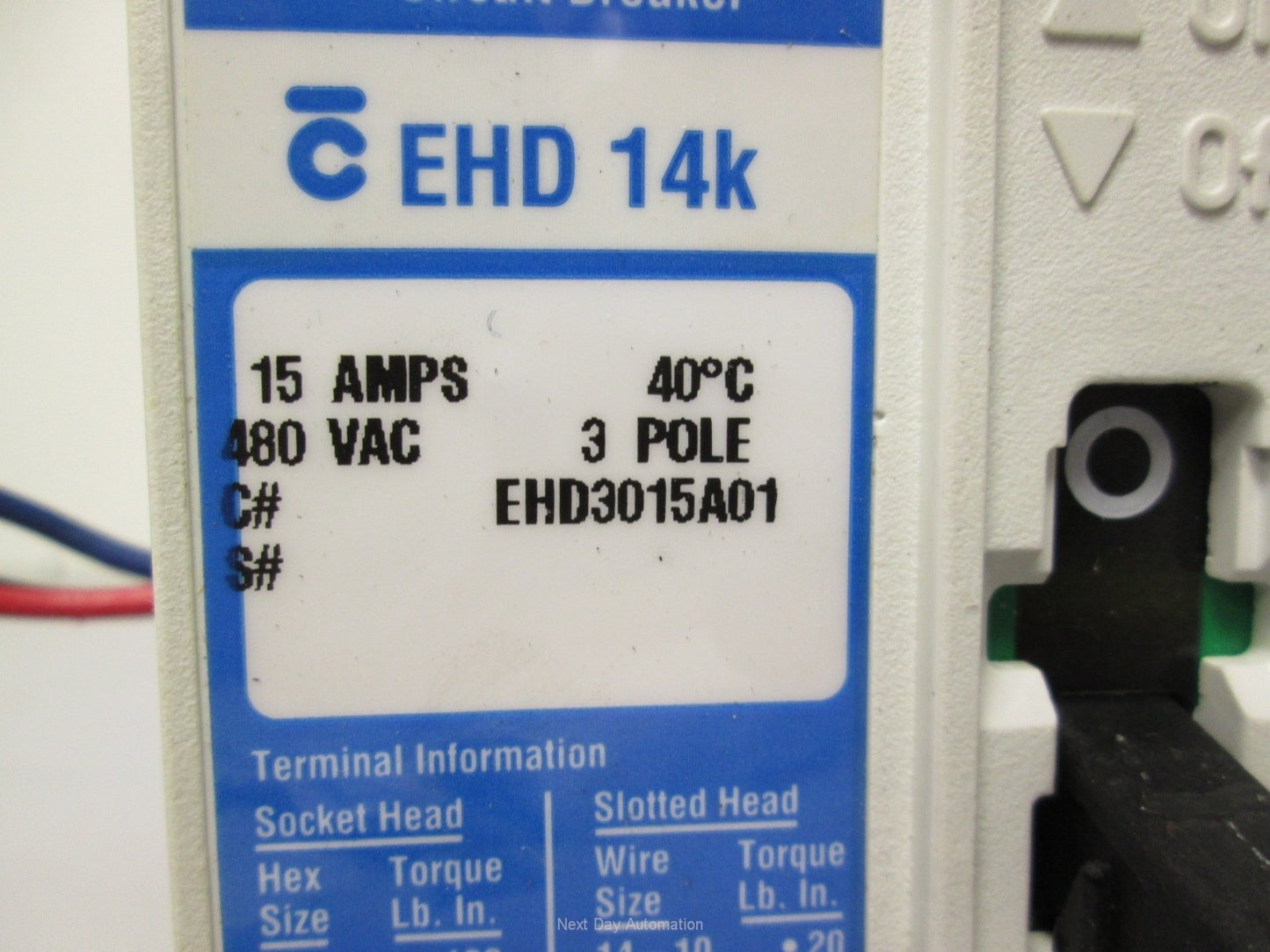 Used Cutler-Hammer EHD3015A01 Circuit Breaker w/ Panel Mount Switch 15A 480VAC 3 Pole