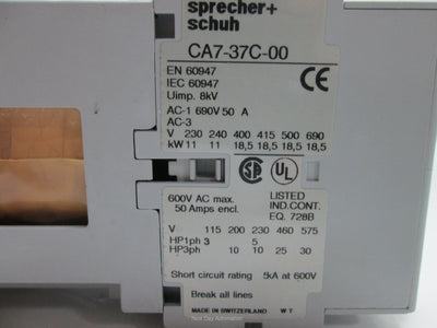Used Sprecher+Schuh CA7-37C-00 Contactor With CA7-PA Auxiliary Contact Block