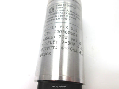 Used GE Druck PTX 610 Pressure Transmitter 700psi Range, 9-30VDC, 1/4" NPT, 4-20mA