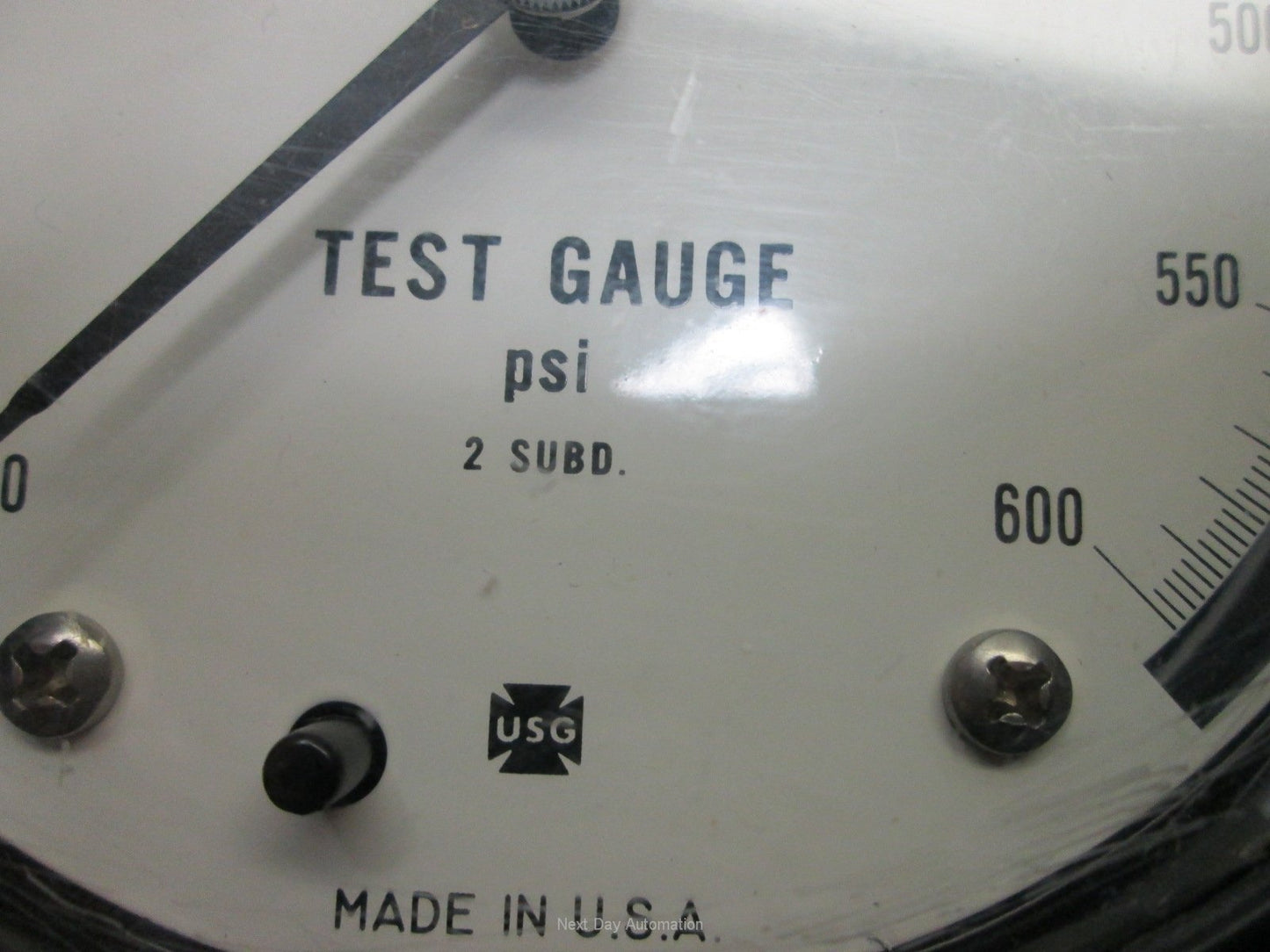 Used USG 2 SUBD 0-600psi Test Gauge Model 1404, 1.2"NPT, 4.5" Diameter Face