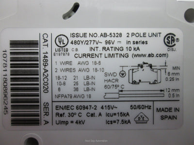 Used Allen-Bradley 1489-A2C020 Circuit Breaker, 2-Poles, 480Y/277VAC, 96VDC, 2Amp