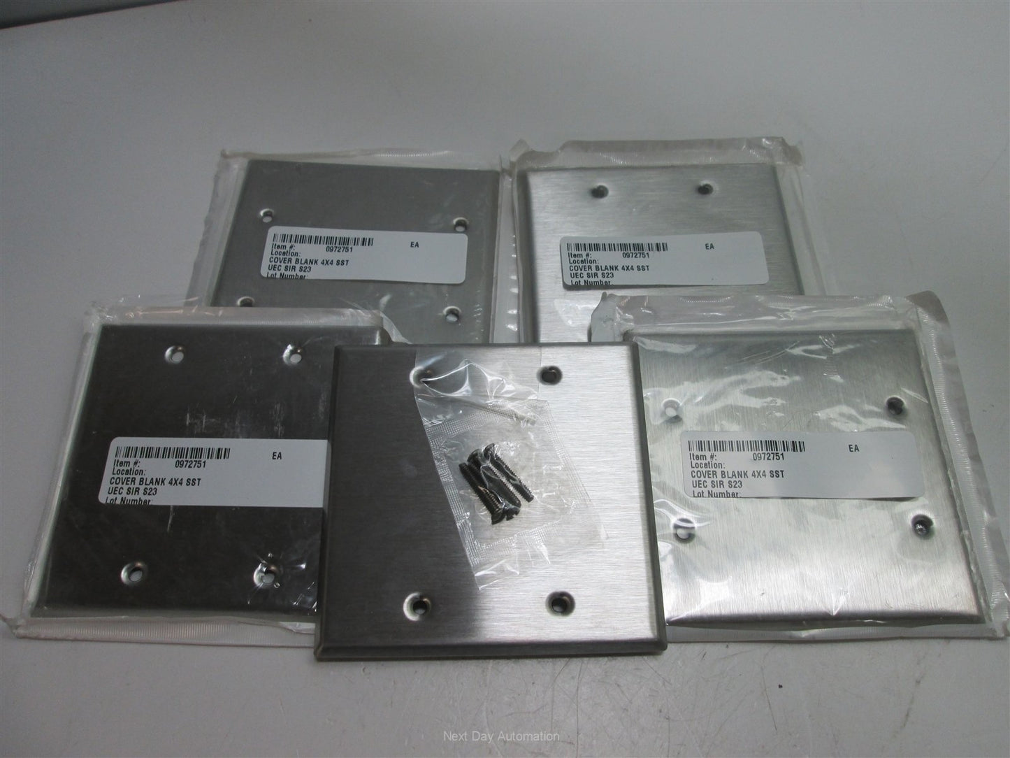 New Lot of 5 New Leviton 84025 2-Gang Stainless Steel Blank Cover Plate, 4" x 4"
