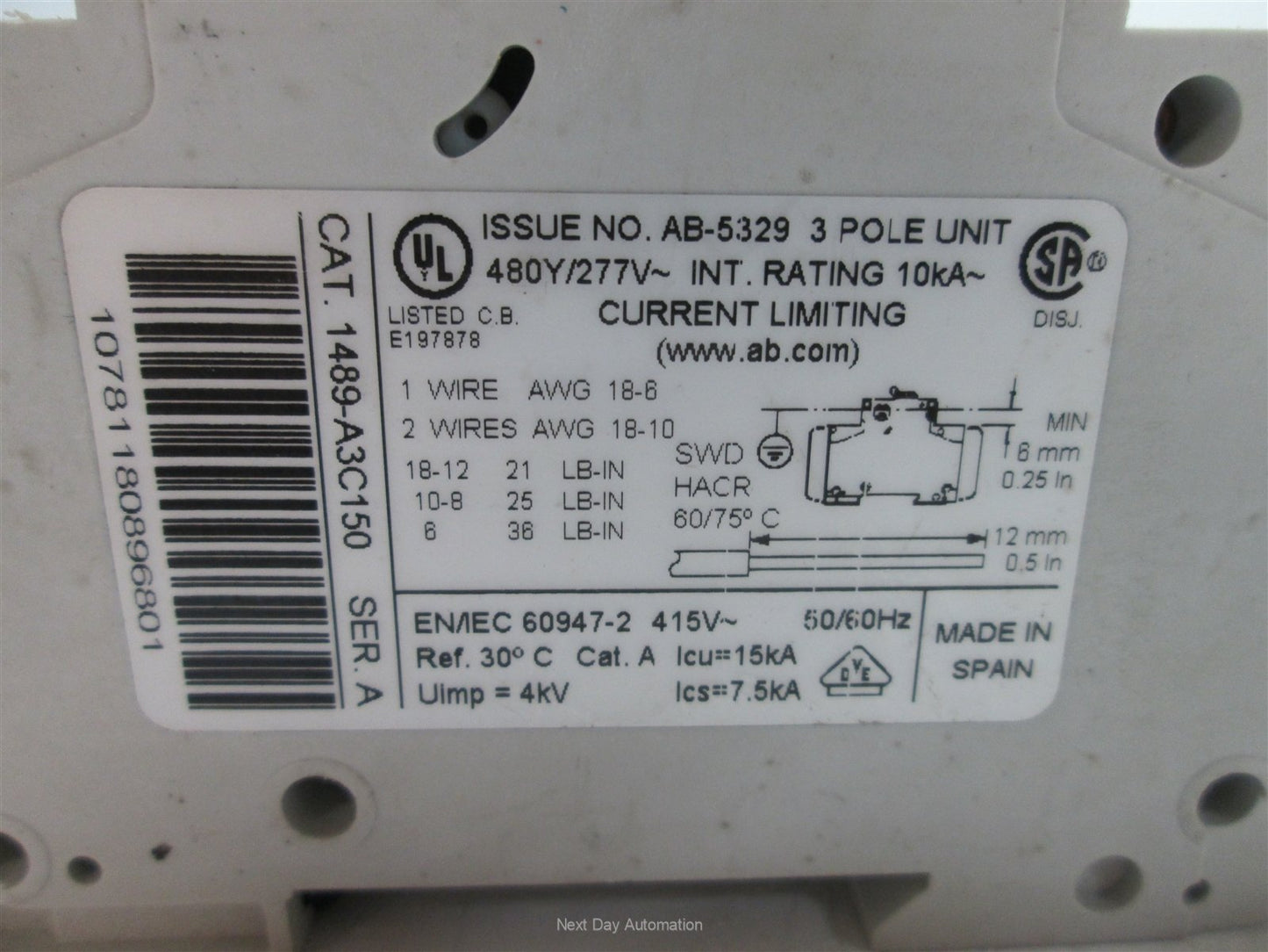 Used Allen-Bradley 1489-A Circuit Breaker, 3-Poles, 15A, 415VAC 50/60Hz